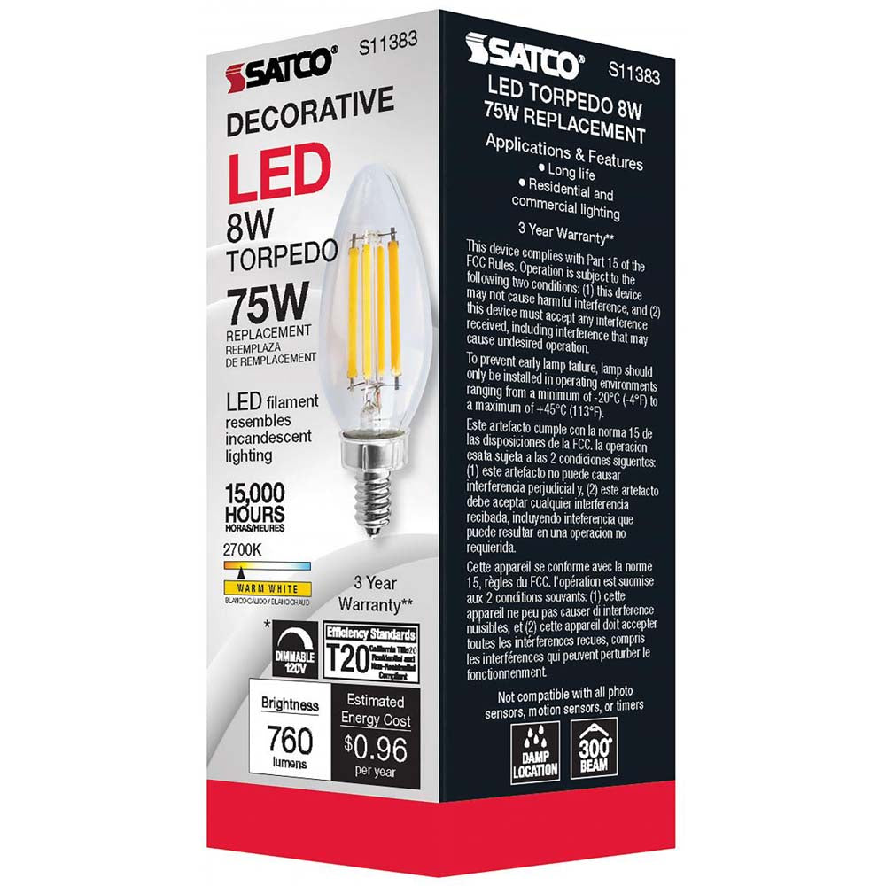 8W C11 LED Clear Candelabra base 2700K