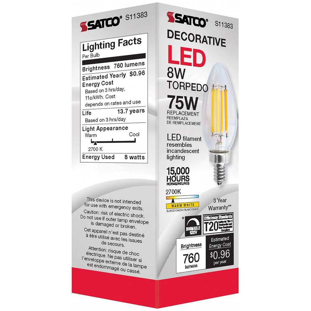 8W C11 LED Clear Candelabra base 2700K