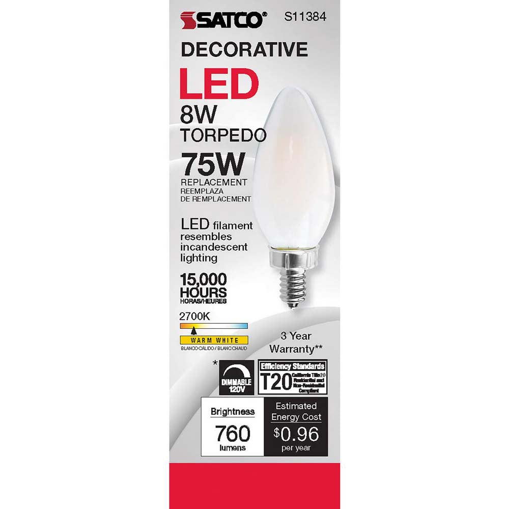 8W C11 LED Frosted Candelabra base 2700K