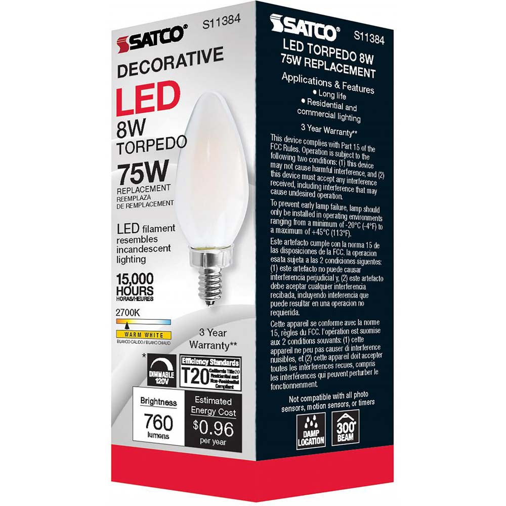8W C11 LED Frosted Candelabra base 2700K