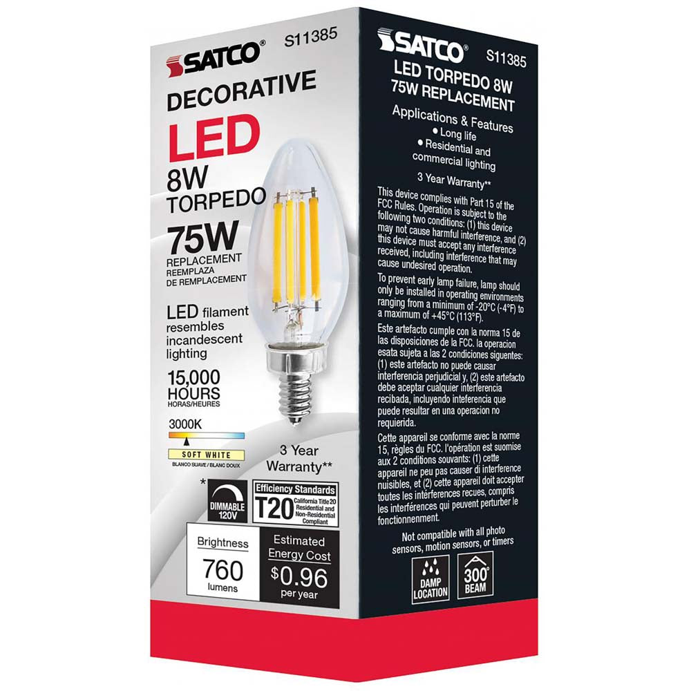 8W C11 LED Clear Candelabra base 3000K