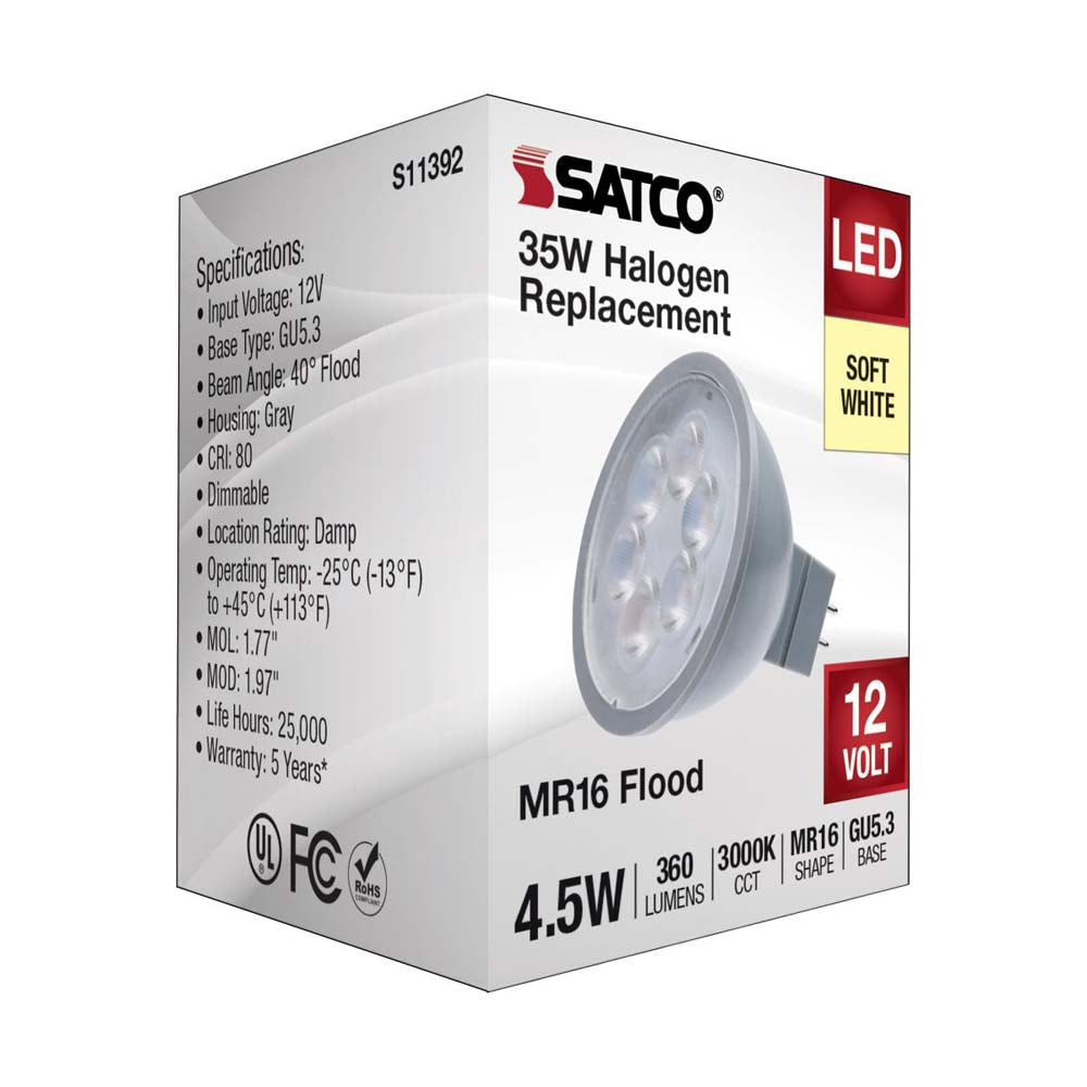 4.5W  12v MR16 LED 3000K Flood 40d 360LM GU5.3 Base Silver Finish Bulb