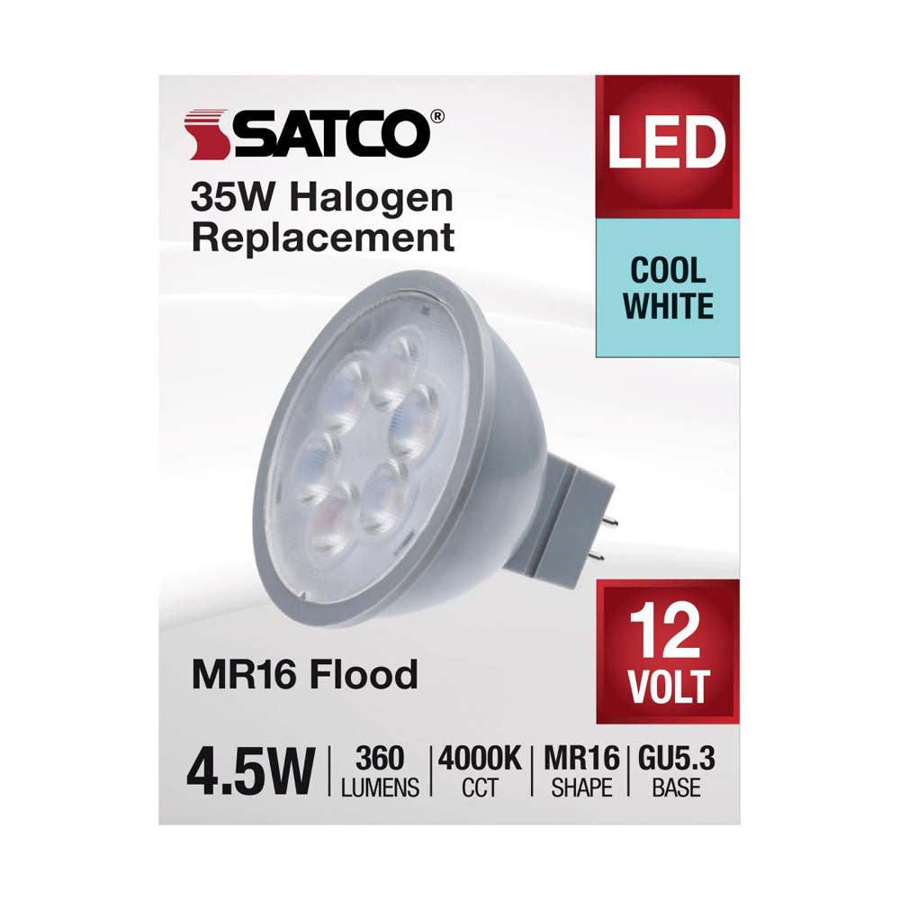 4.5W  12v MR16 LED 4000K Flood 40d 360LM GU5.3 Base Silver Finish Bulb