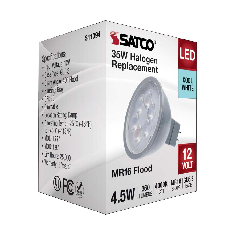 4.5W  12v MR16 LED 4000K Flood 40d 360LM GU5.3 Base Silver Finish Bulb