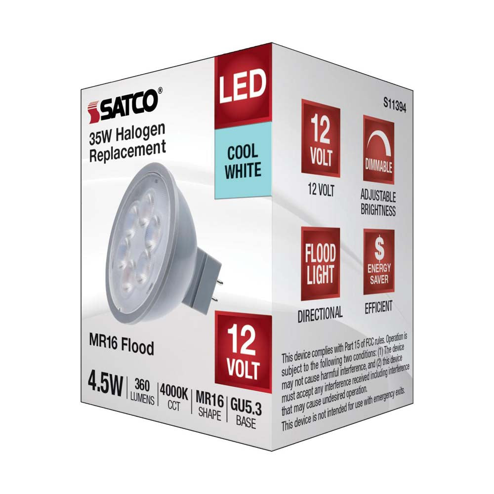 4.5W  12v MR16 LED 4000K Flood 40d 360LM GU5.3 Base Silver Finish Bulb