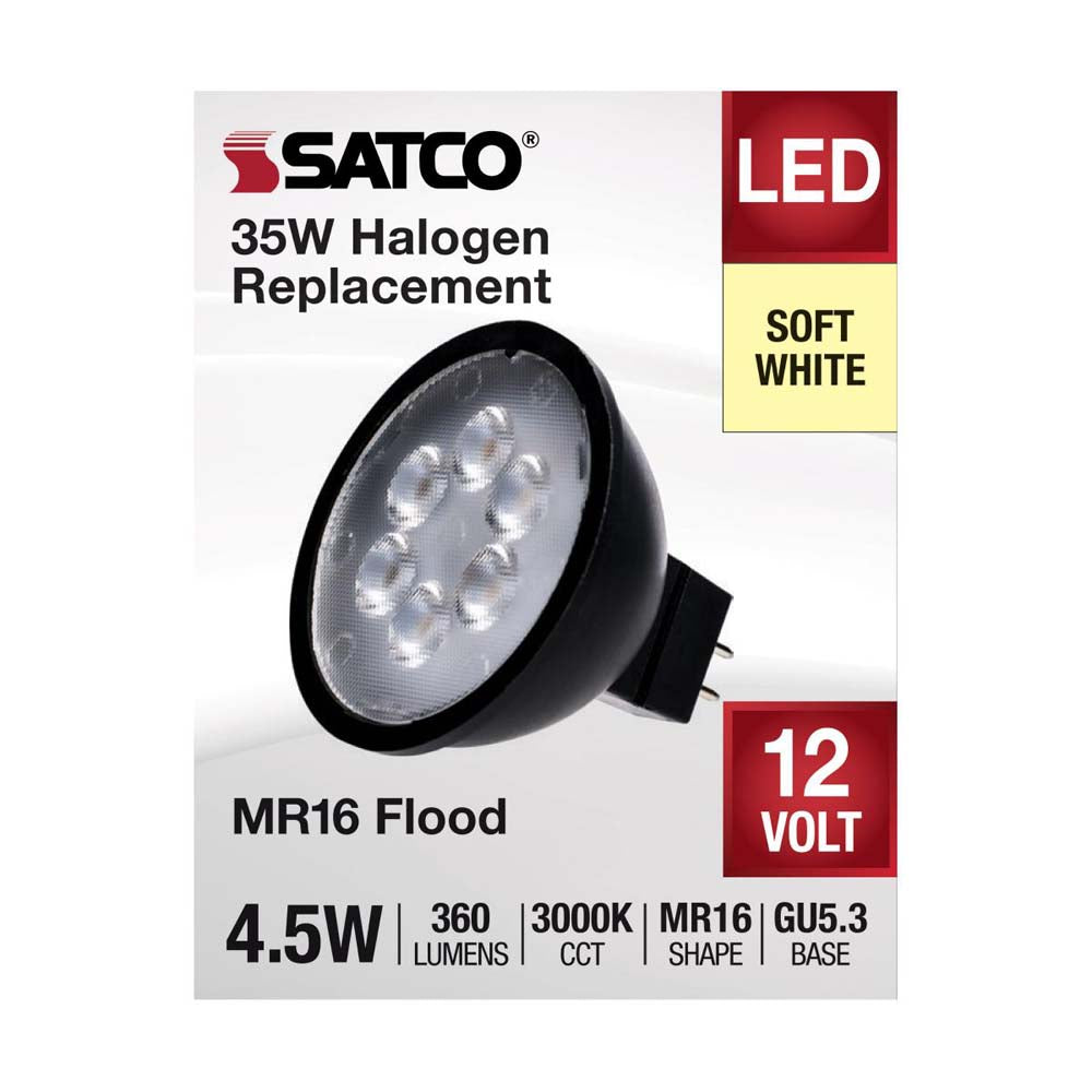 4.5W 12v MR16 LED 3000K GU5.3 Base 360LM Flood 40D Black Finish Bulb