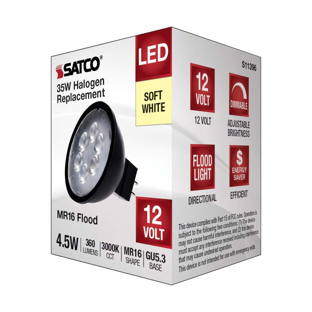 4.5W 12v MR16 LED 3000K GU5.3 Base 360LM Flood 40D Black Finish Bulb