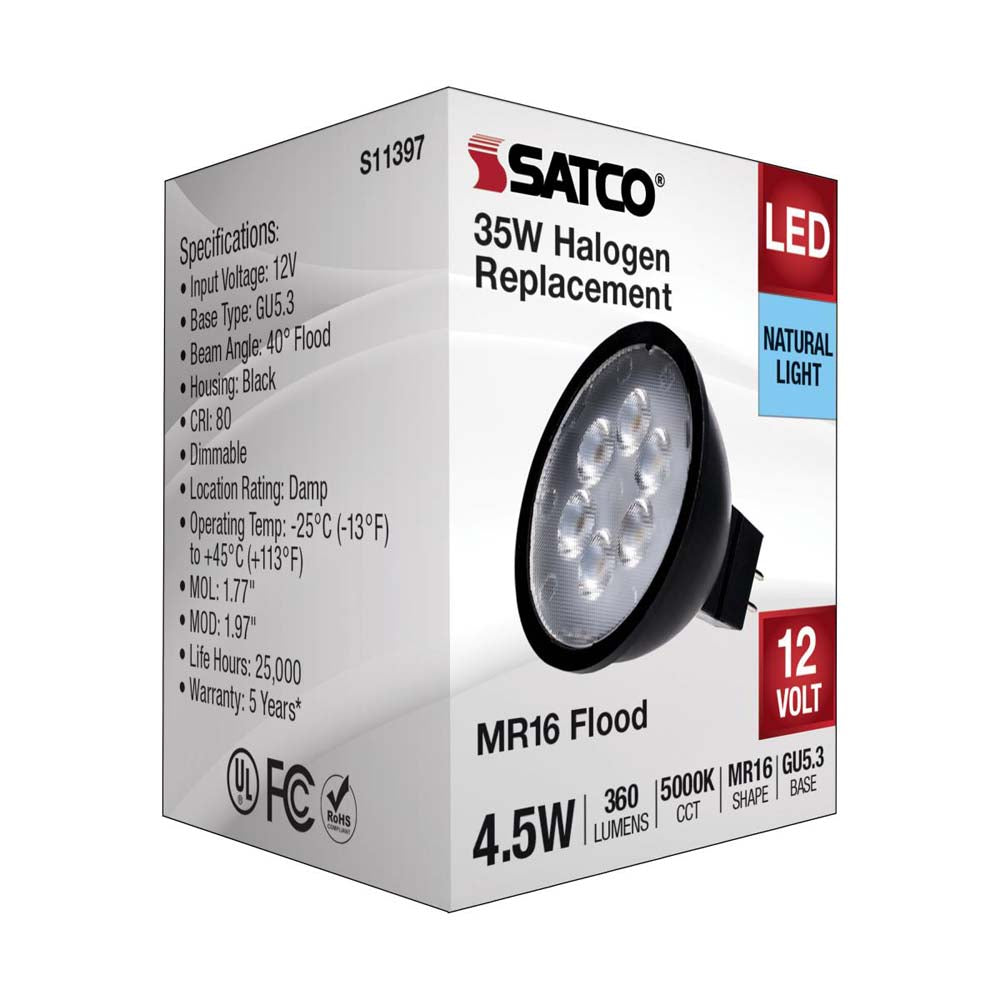 4.5W 12v MR16 LED 5000K GU5.3 Base 360LM Flood 40D Black Finish Bulb