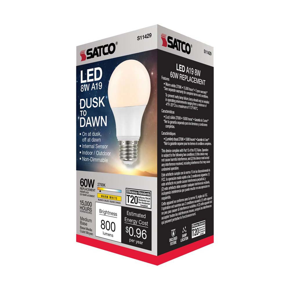8.5W A19 LED Dusk to Dawn 2700K E26 Medium base 200 deg. Beam Angle 120v