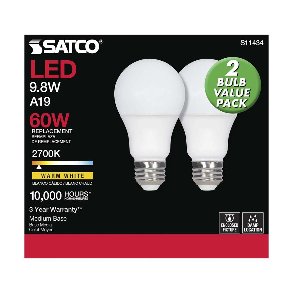 2Pk - 9.8W A19 LED 2700K E26 Medium base 220 deg. Beam Angle 120v