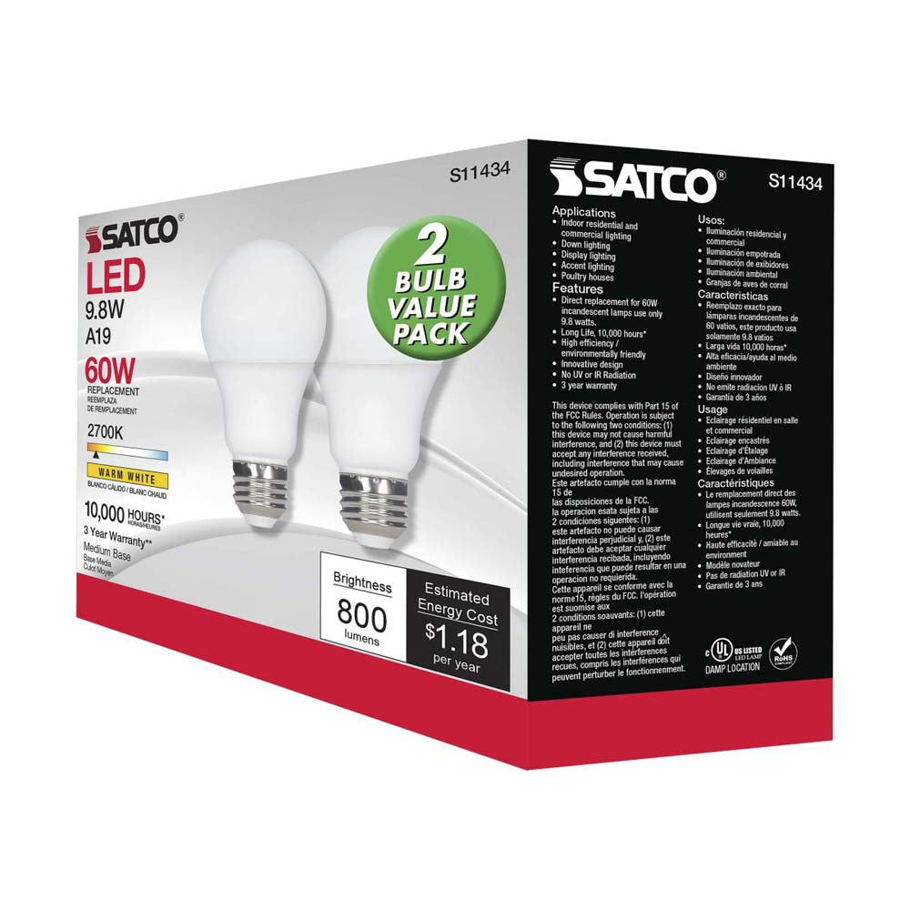 2Pk - 9.8W A19 LED 2700K E26 Medium base 220 deg. Beam Angle 120v