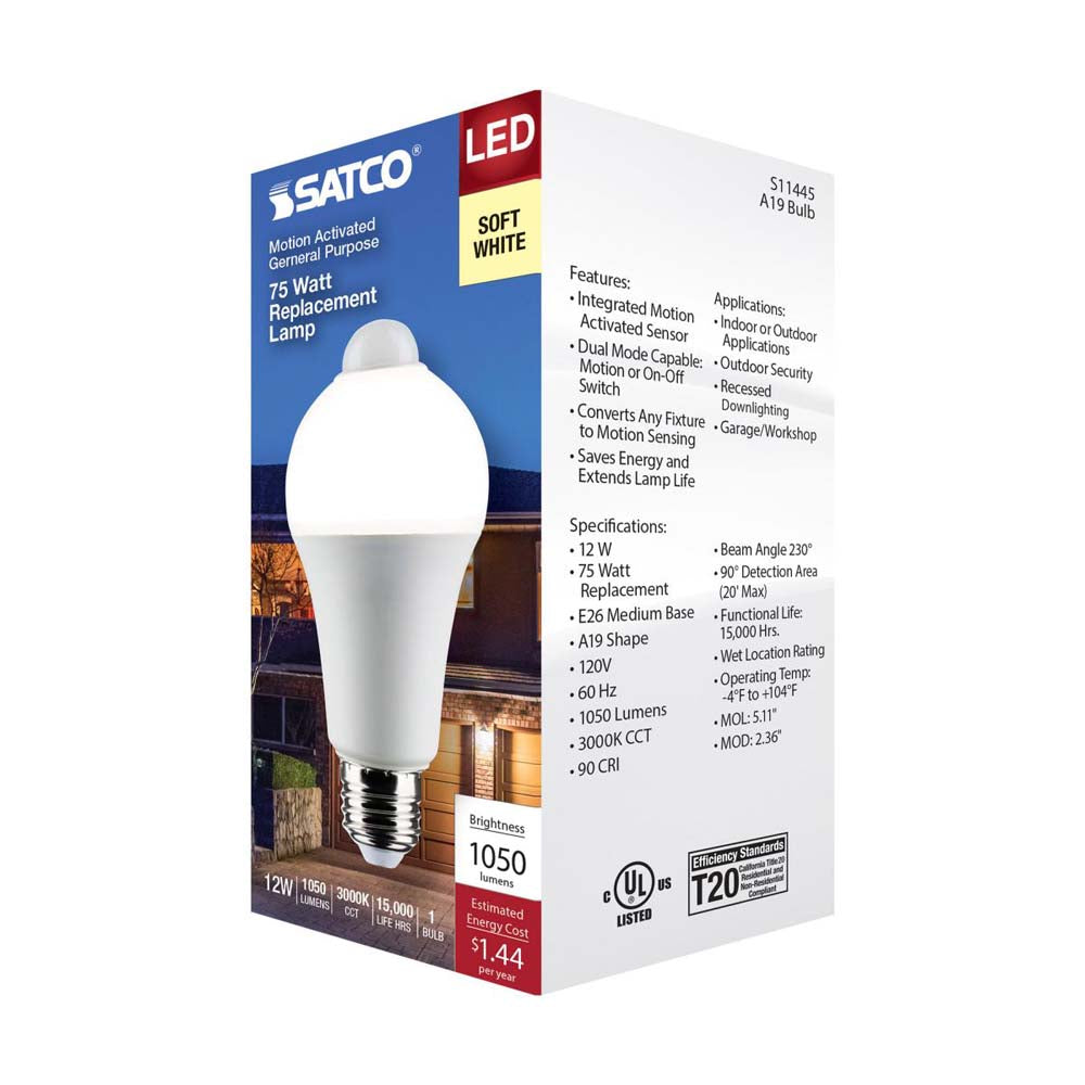 12W A19 LED PIR Sensor White 3000K 1050 Lumens Non-Dimmable 120v
