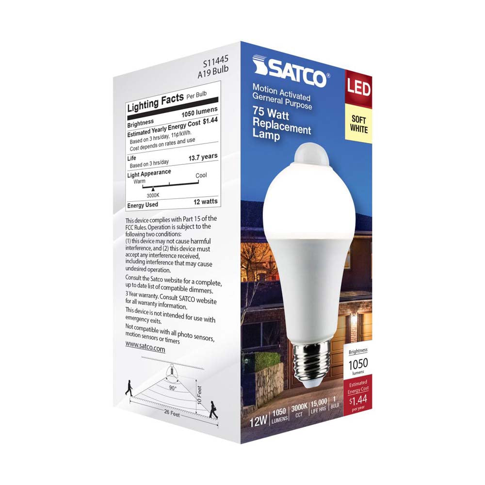 12W A19 LED PIR Sensor White 3000K 1050 Lumens Non-Dimmable 120v