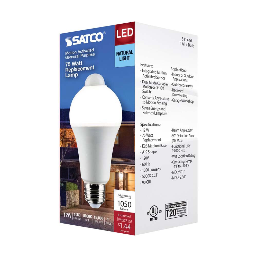 12W A19 LED PIR Sensor White 5000K 1050 Lumens Non-Dimmable 120v