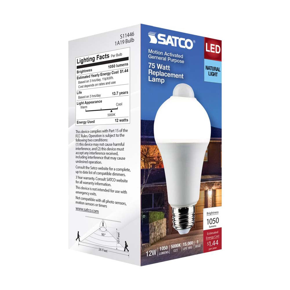 12W A19 LED PIR Sensor White 5000K 1050 Lumens Non-Dimmable 120v