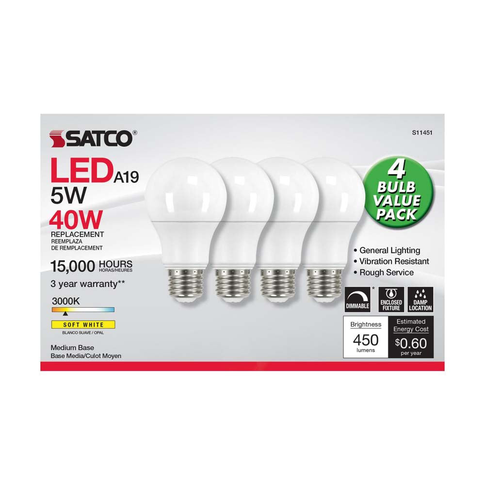 4Pk - 5W A19 LED 3000K Dimmable E26 Medium base 230 deg. Beam Angle - 40w equiv