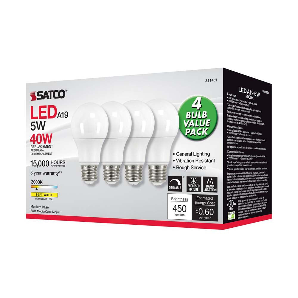 4Pk - 5W A19 LED 3000K Dimmable E26 Medium base 230 deg. Beam Angle - 40w equiv