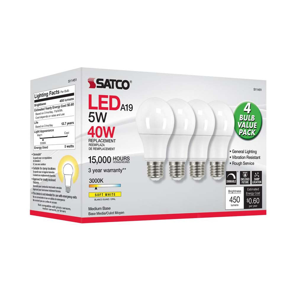 4Pk - 5W A19 LED 3000K Dimmable E26 Medium base 230 deg. Beam Angle - 40w equiv