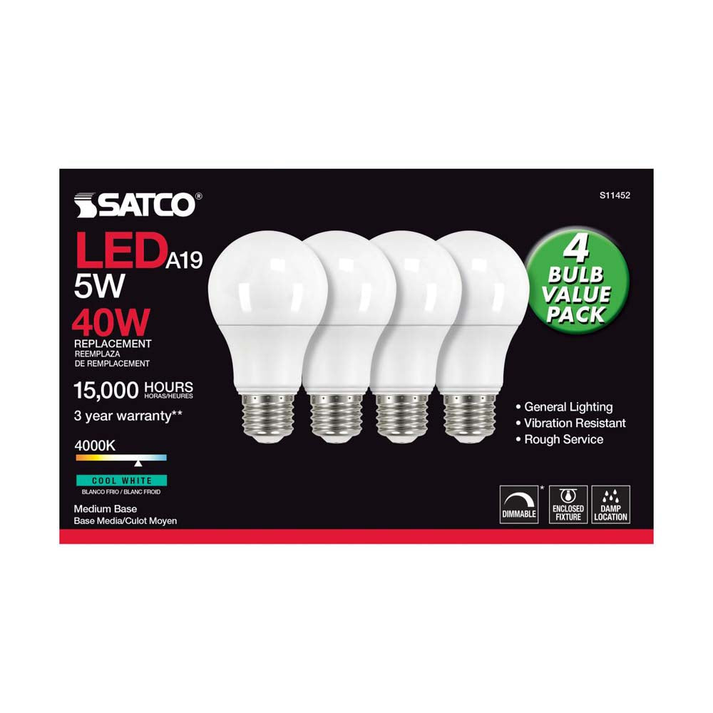 4Pk - 5W A19 LED 4000K Dimmable E26 Medium base 230 deg. Beam Angle - 40w equiv