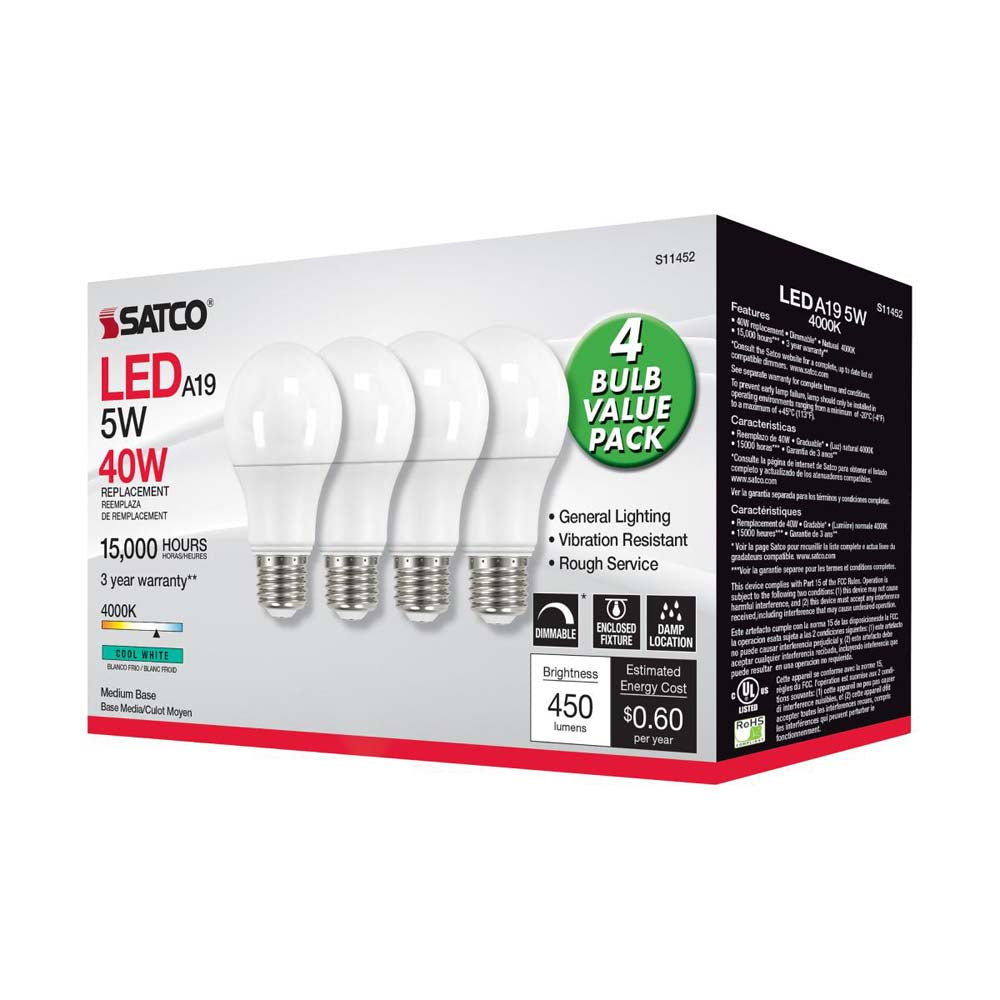 4Pk - 5W A19 LED 4000K Dimmable E26 Medium base 230 deg. Beam Angle - 40w equiv