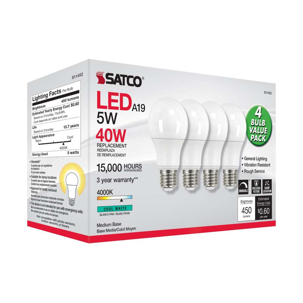 4Pk - 5W A19 LED 4000K Dimmable E26 Medium base 230 deg. Beam Angle - 40w equiv