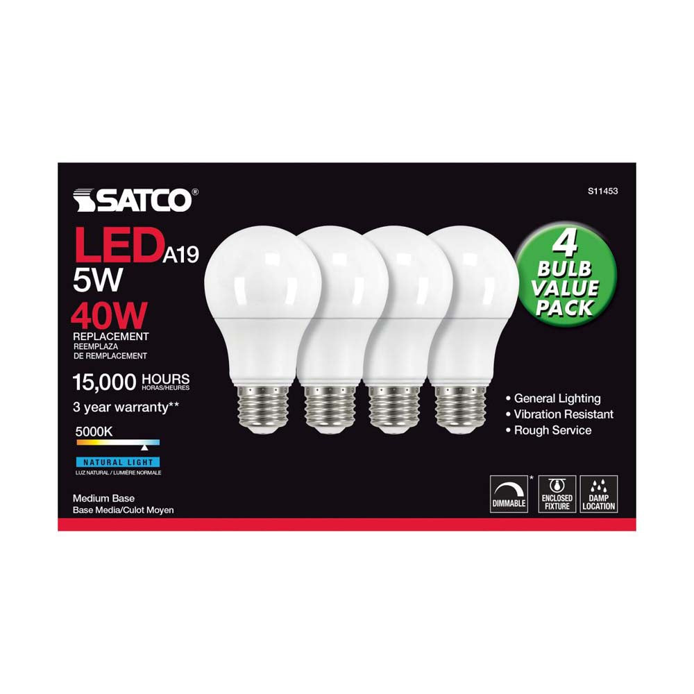 4Pk - 5W A19 LED 5000K Dimmable E26 Medium base 230 deg. Beam Angle - 40w equiv