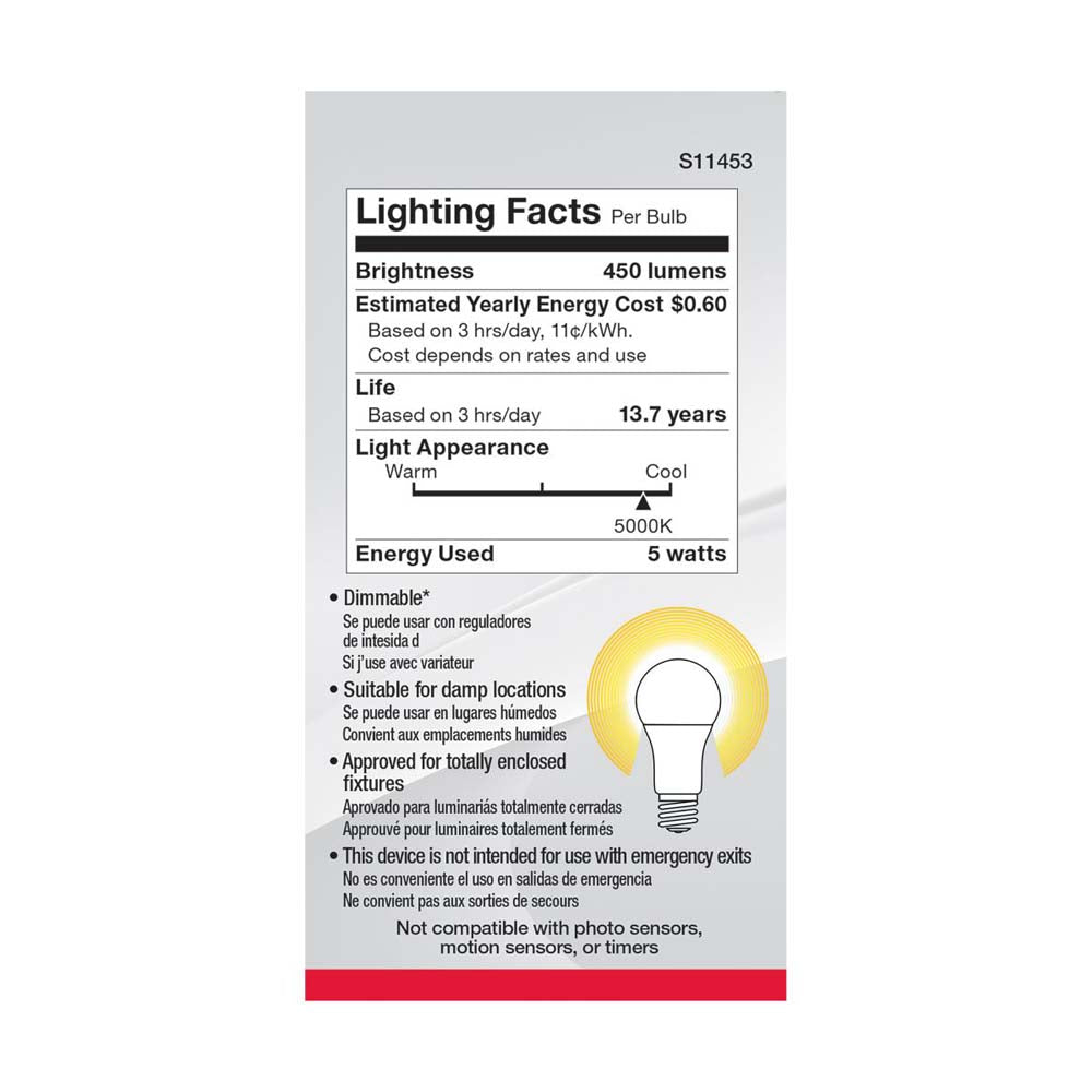 4Pk - 5W A19 LED 5000K Dimmable E26 Medium base 230 deg. Beam Angle - 40w equiv