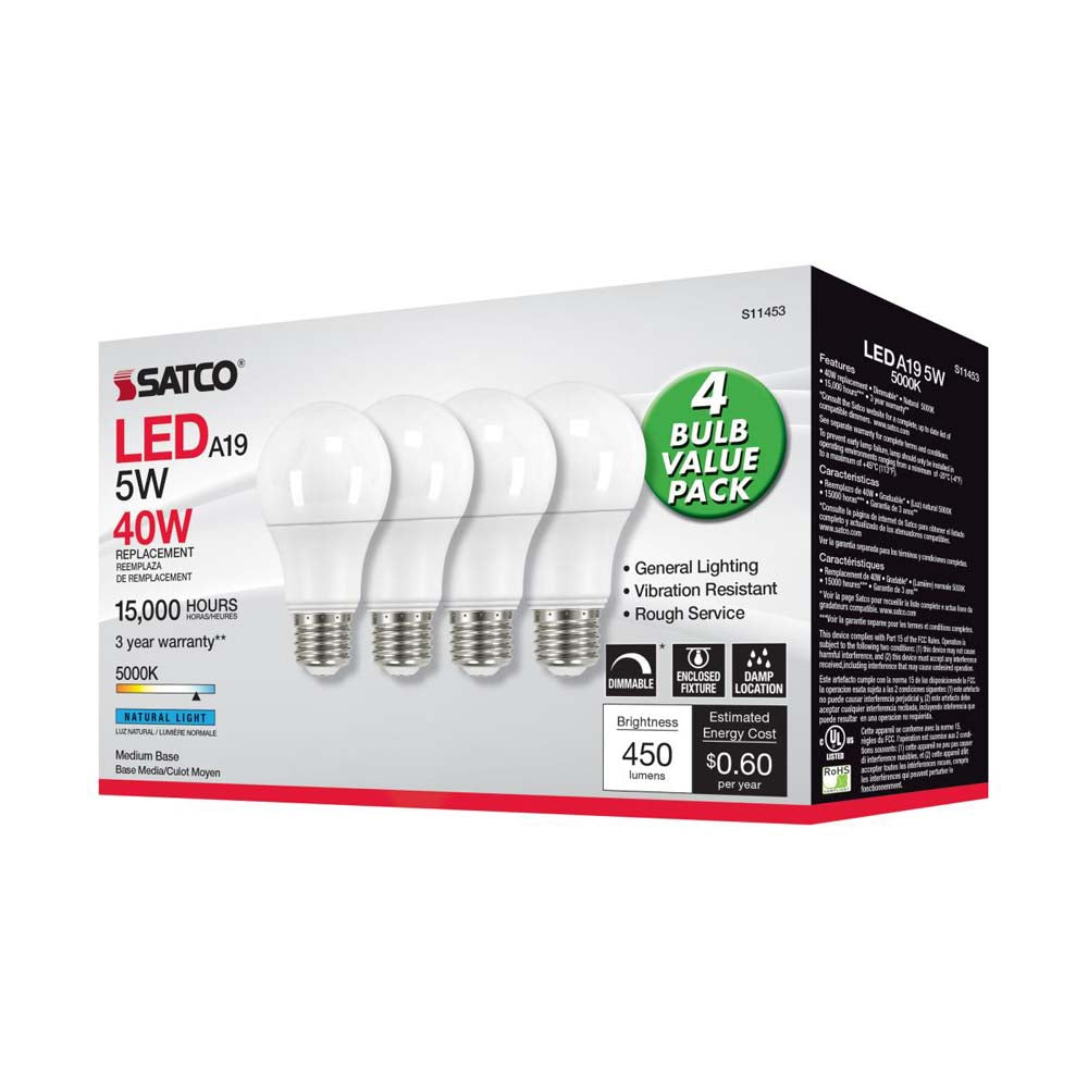 4Pk - 5W A19 LED 5000K Dimmable E26 Medium base 230 deg. Beam Angle - 40w equiv