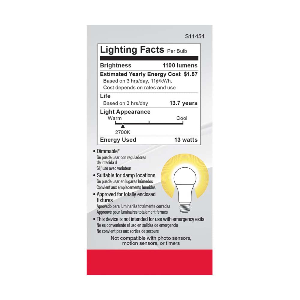 4Pk - 13W A19 LED 2700K Dimmable Medium base 230 deg. Beam Angle - 75w equiv