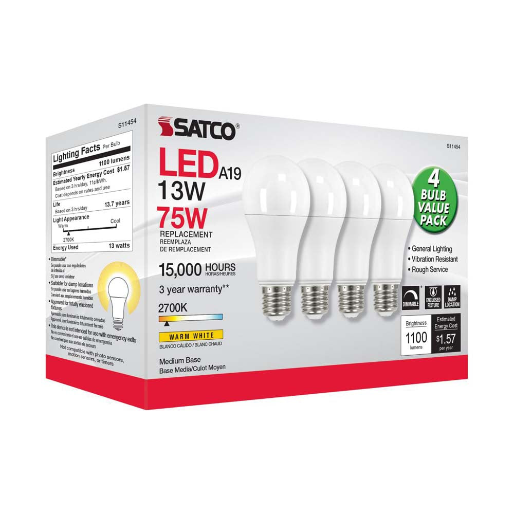 4Pk - 13W A19 LED 2700K Dimmable Medium base 230 deg. Beam Angle - 75w equiv