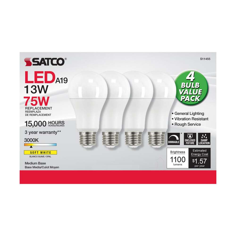 4Pk - 13W A19 LED 3000K Dimmable Medium base 230 deg. Beam Angle - 75w equiv