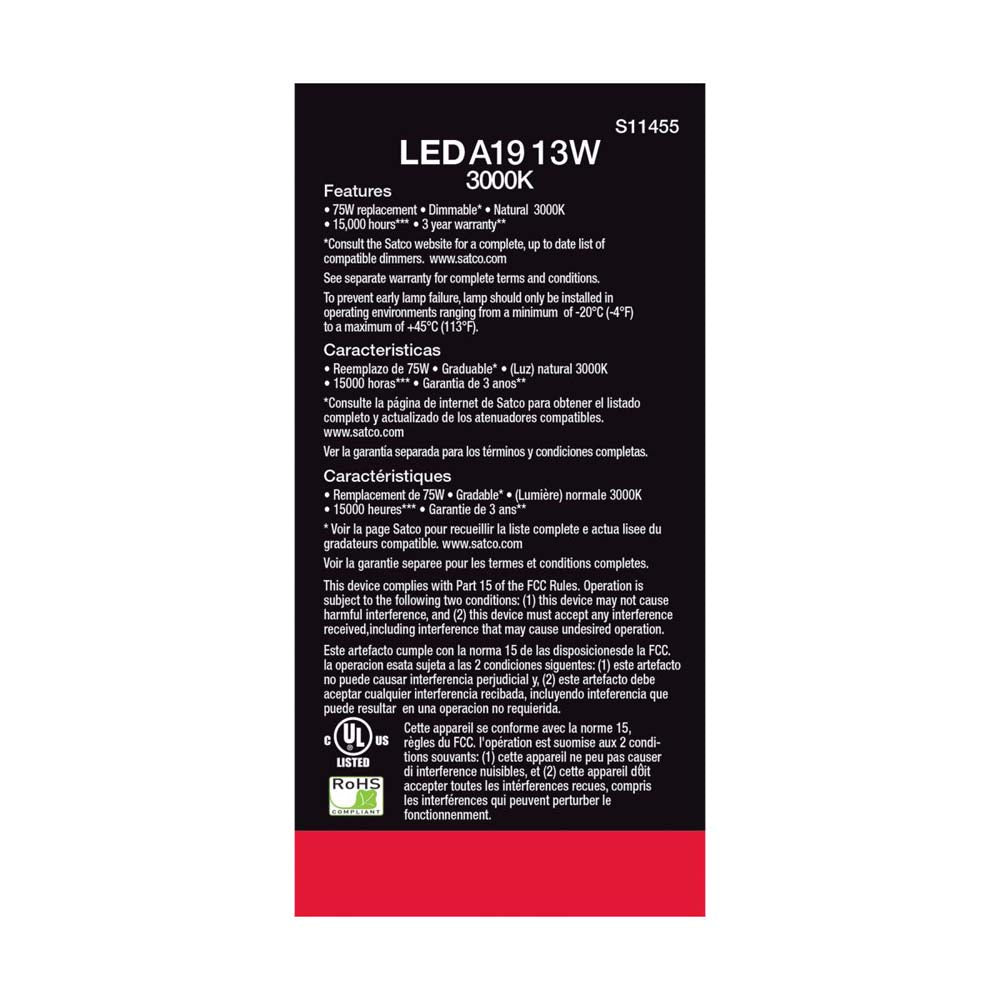 4Pk - 13W A19 LED 3000K Dimmable Medium base 230 deg. Beam Angle - 75w equiv
