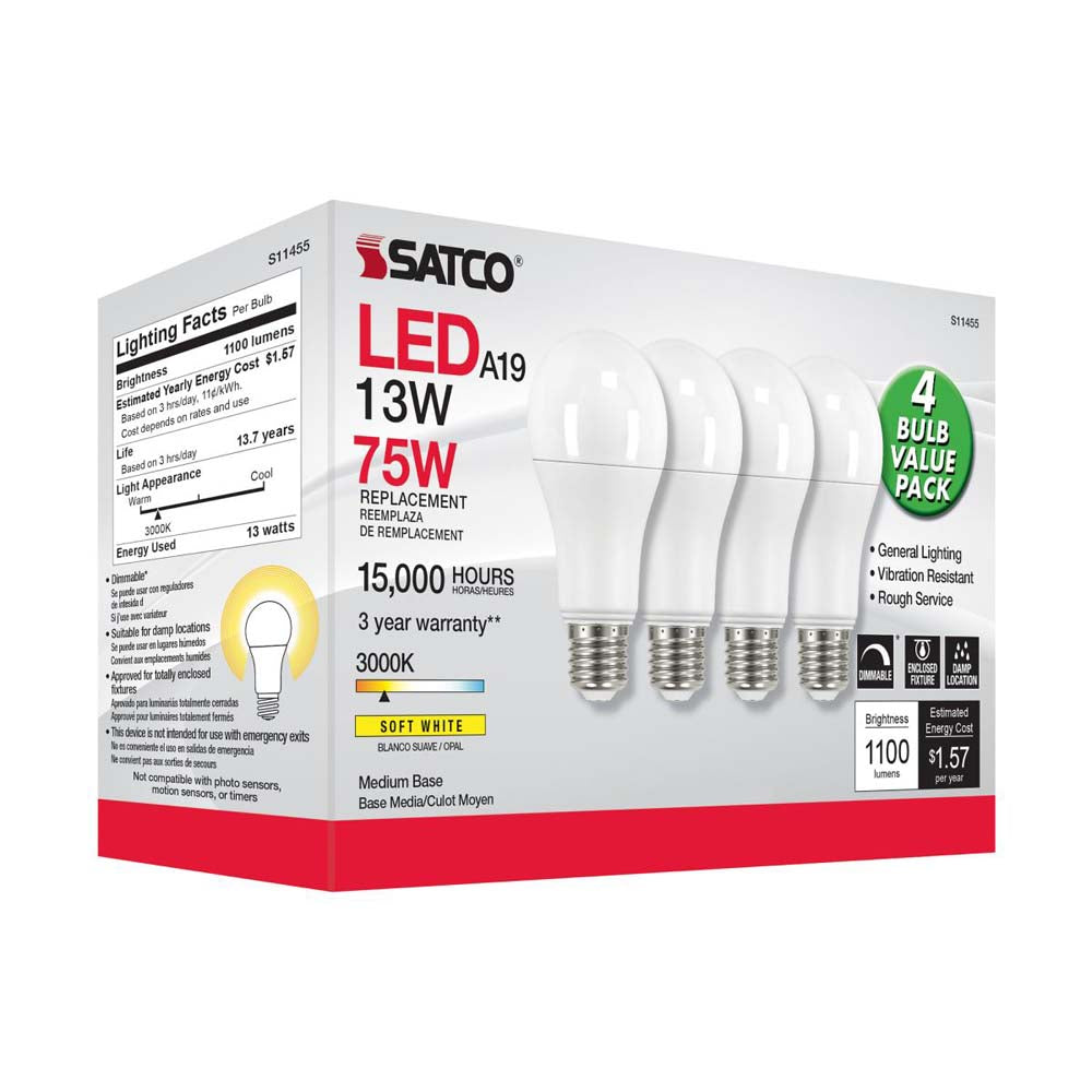 4Pk - 13W A19 LED 3000K Dimmable Medium base 230 deg. Beam Angle - 75w equiv