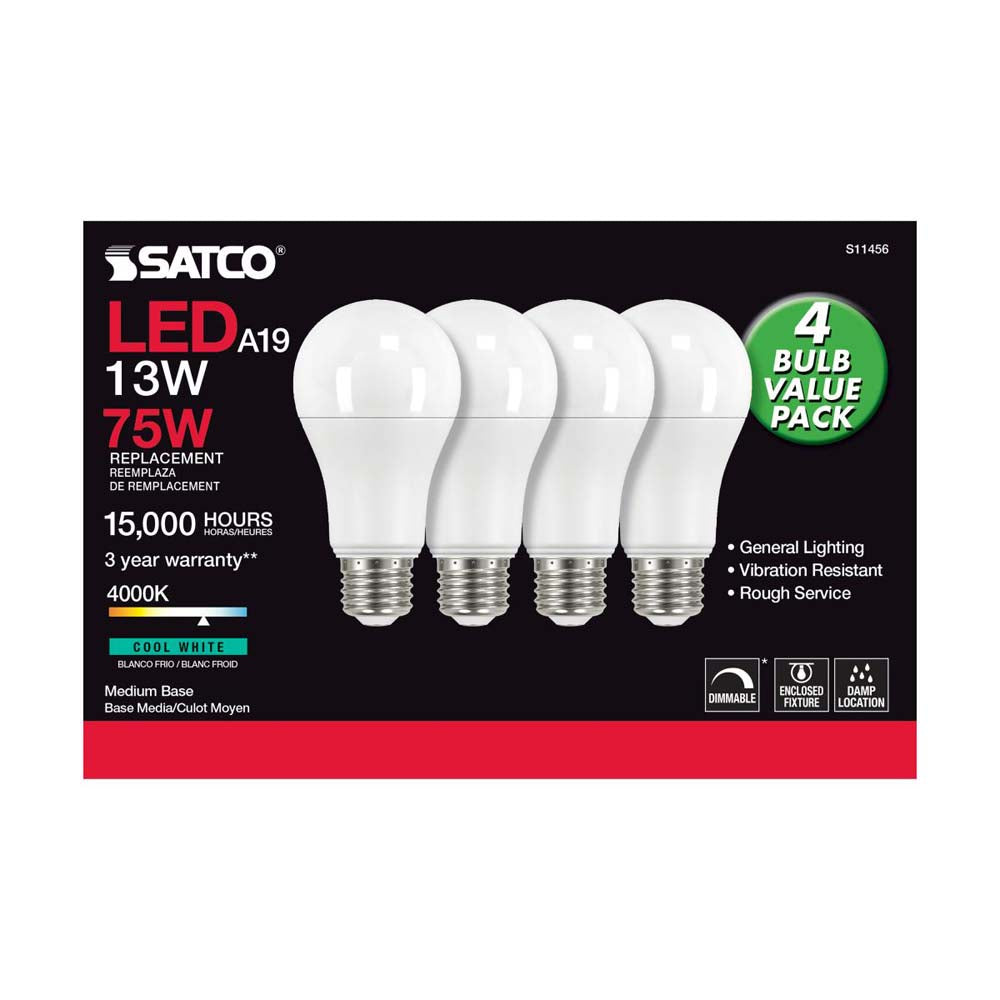 4Pk - 13W A19 LED 4000K Dimmable Medium base 230 deg. Beam Angle - 75w equiv