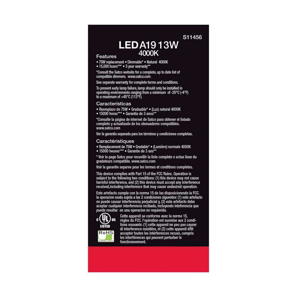 4Pk - 13W A19 LED 4000K Dimmable Medium base 230 deg. Beam Angle - 75w equiv