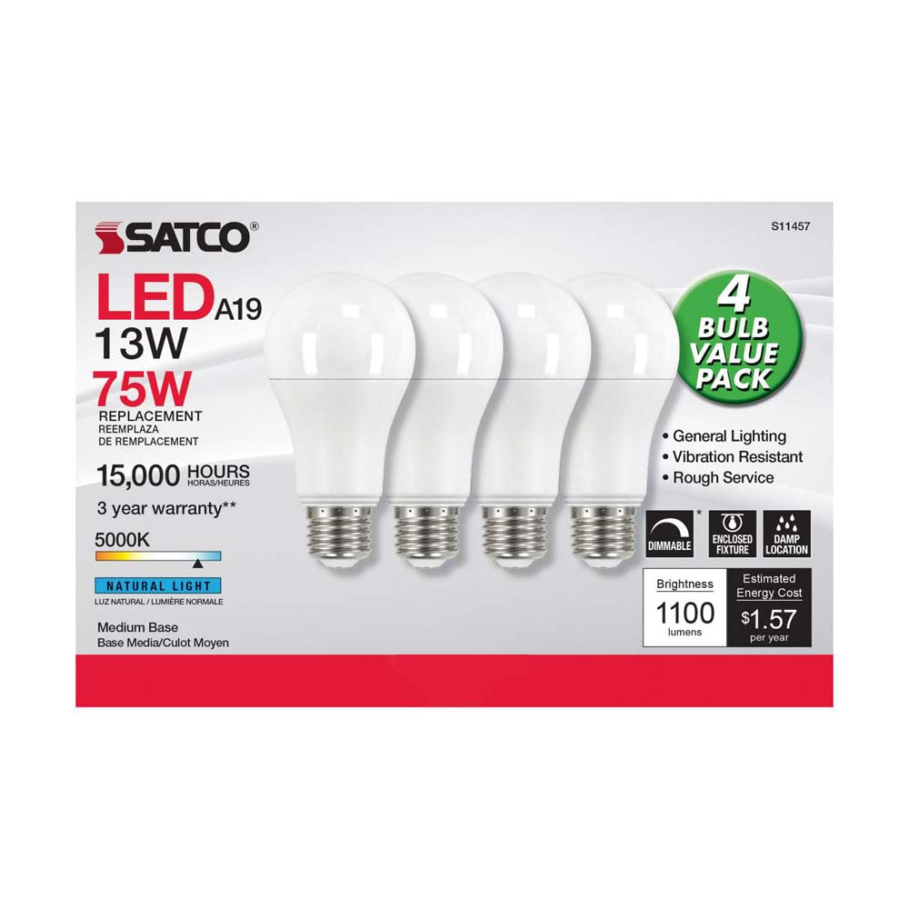 4Pk - 13W A19 LED 5000K Dimmable Medium base 230 deg. Beam Angle - 75w equiv