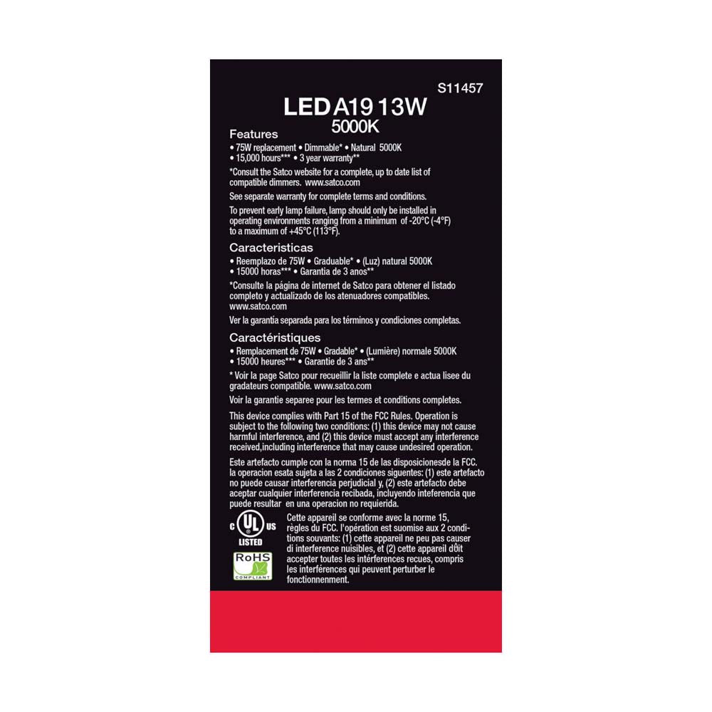 4Pk - 13W A19 LED 5000K Dimmable Medium base 230 deg. Beam Angle - 75w equiv
