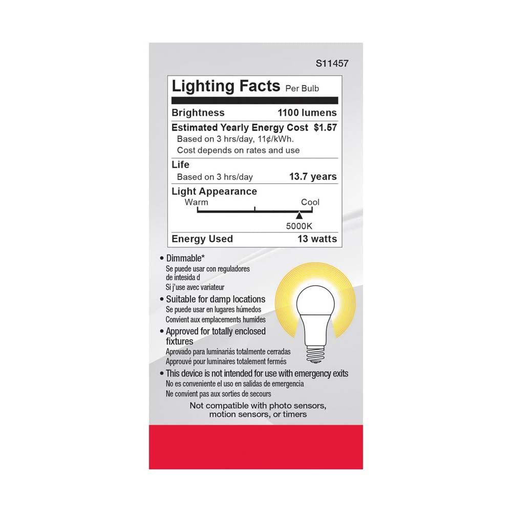4Pk - 13W A19 LED 5000K Dimmable Medium base 230 deg. Beam Angle - 75w equiv