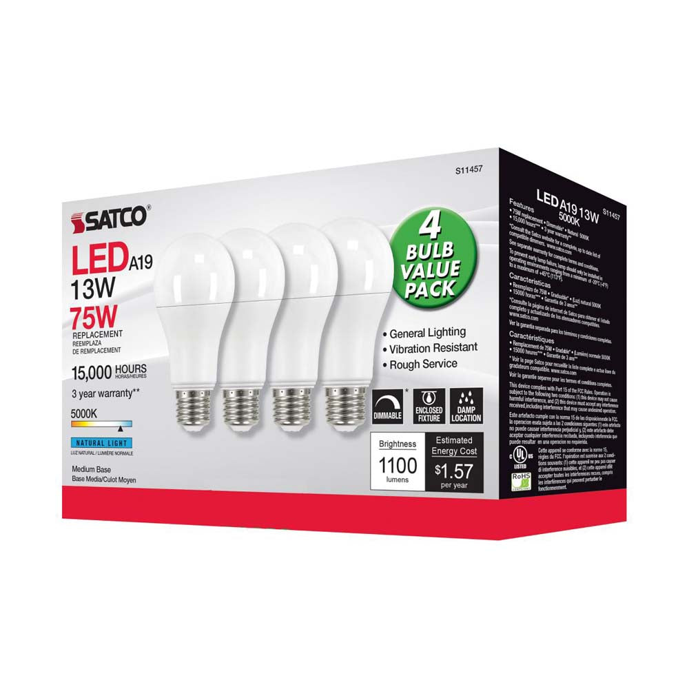 4Pk - 13W A19 LED 5000K Dimmable Medium base 230 deg. Beam Angle - 75w equiv