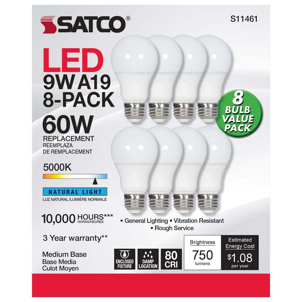 8Pk - 9W A19 LED 5000K Non-Dimmable E26 Medium base 120v - 60w equiv