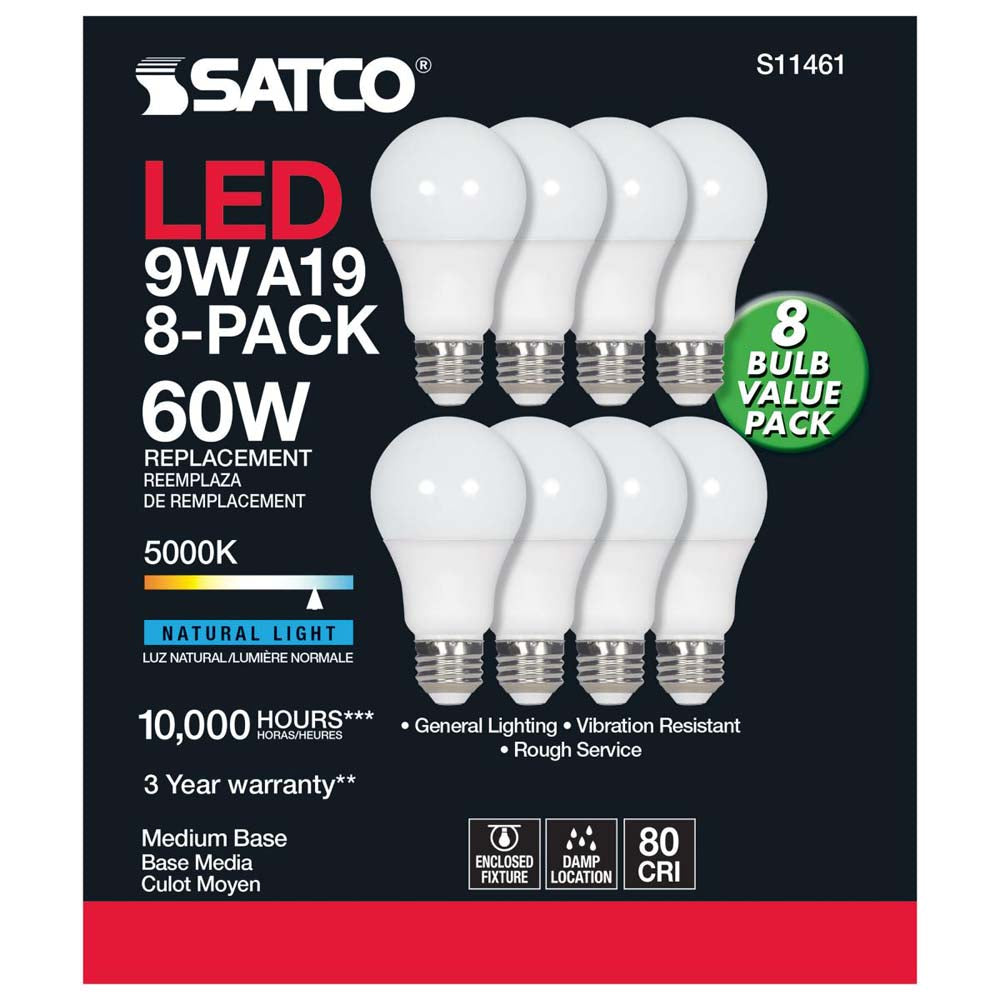 8Pk - 9W A19 LED 5000K Non-Dimmable E26 Medium base 120v - 60w equiv