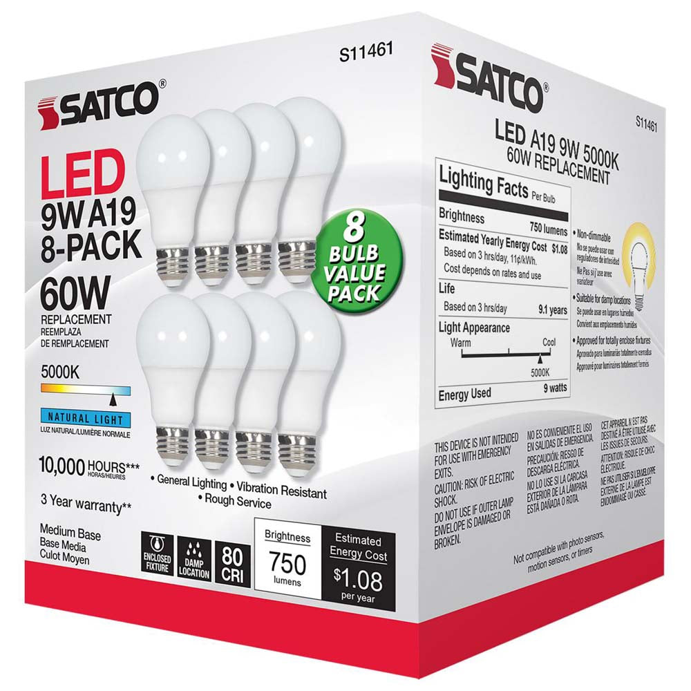 8Pk - 9W A19 LED 5000K Non-Dimmable E26 Medium base 120v - 60w equiv