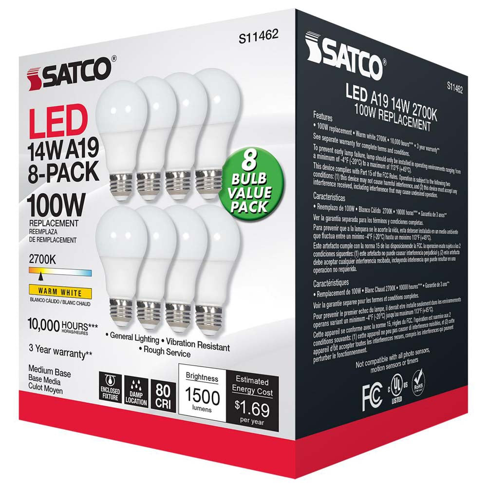 8Pk - 14W A19 LED 2700K Non-Dimmable E26 Medium base - 100w equiv