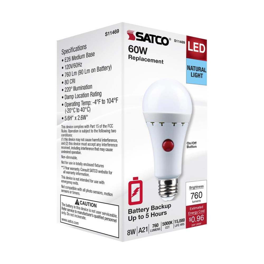 8W A21 LED 5000K Medium Base 120v Battery Backup - 60w equiv