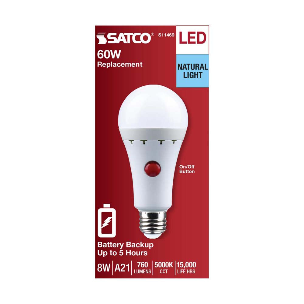 8W A21 LED 5000K Medium Base 120v Battery Backup - 60w equiv