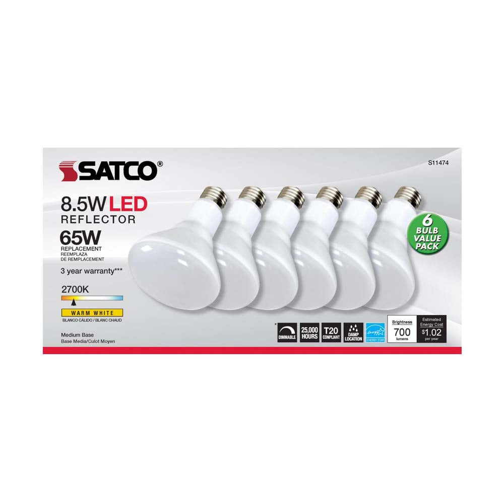 6Pk - 8.5W BR30 LED 2700K Medium Base Dimmable - 65w equiv