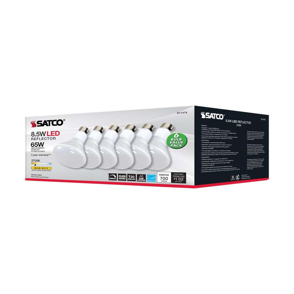 6Pk - 8.5W BR30 LED 2700K Medium Base Dimmable - 65w equiv