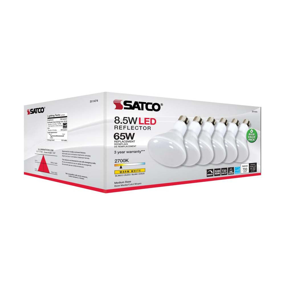 6Pk - 8.5W BR30 LED 2700K Medium Base Dimmable - 65w equiv