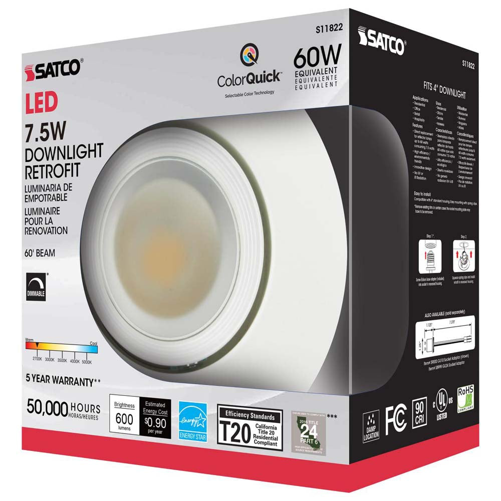 7.5w LED Directional Retrofit Downlight 4 in. CCT Tunable 60 deg.  120v