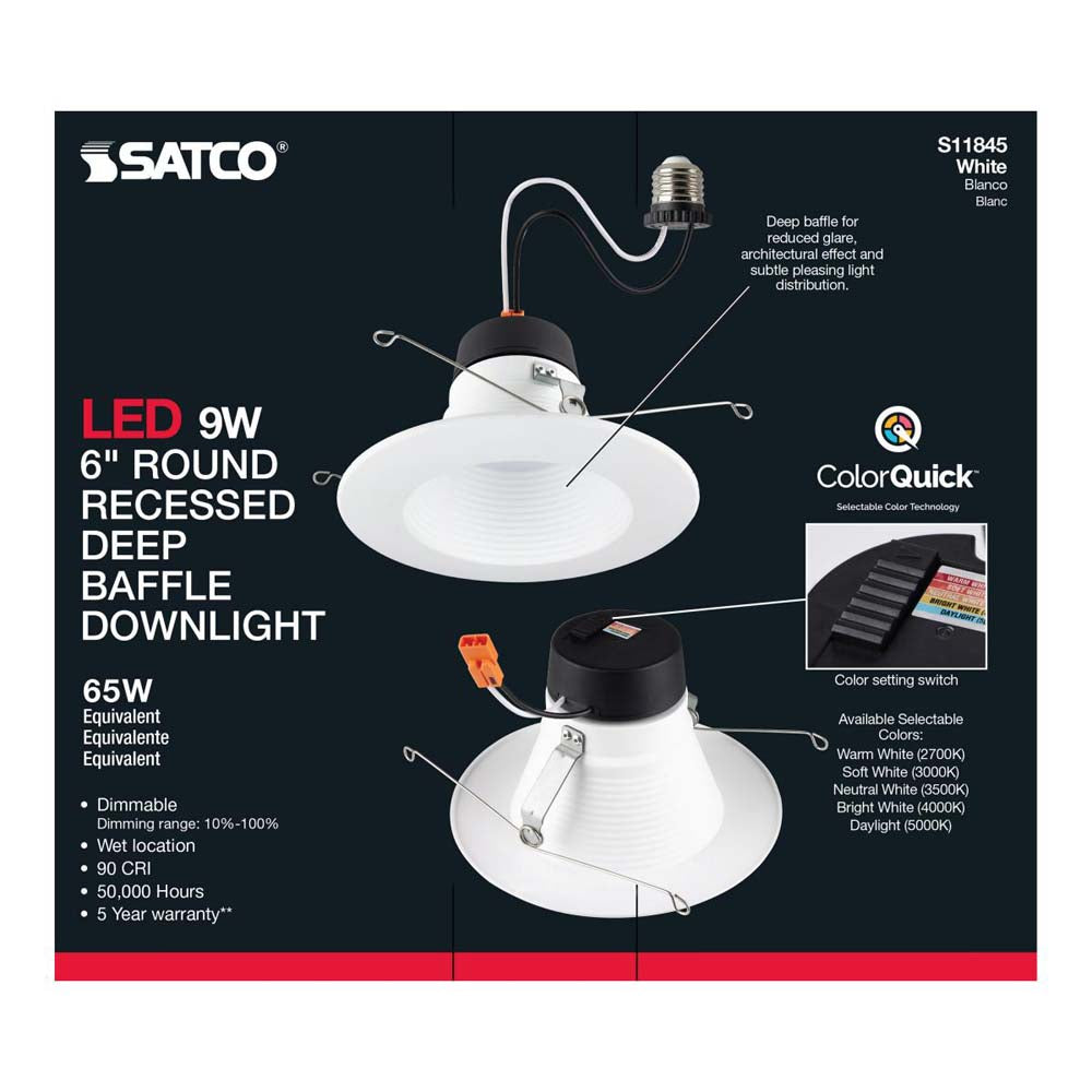 9w 6-in Deep Baffle CCT-Tunable Recessed LED Downlight